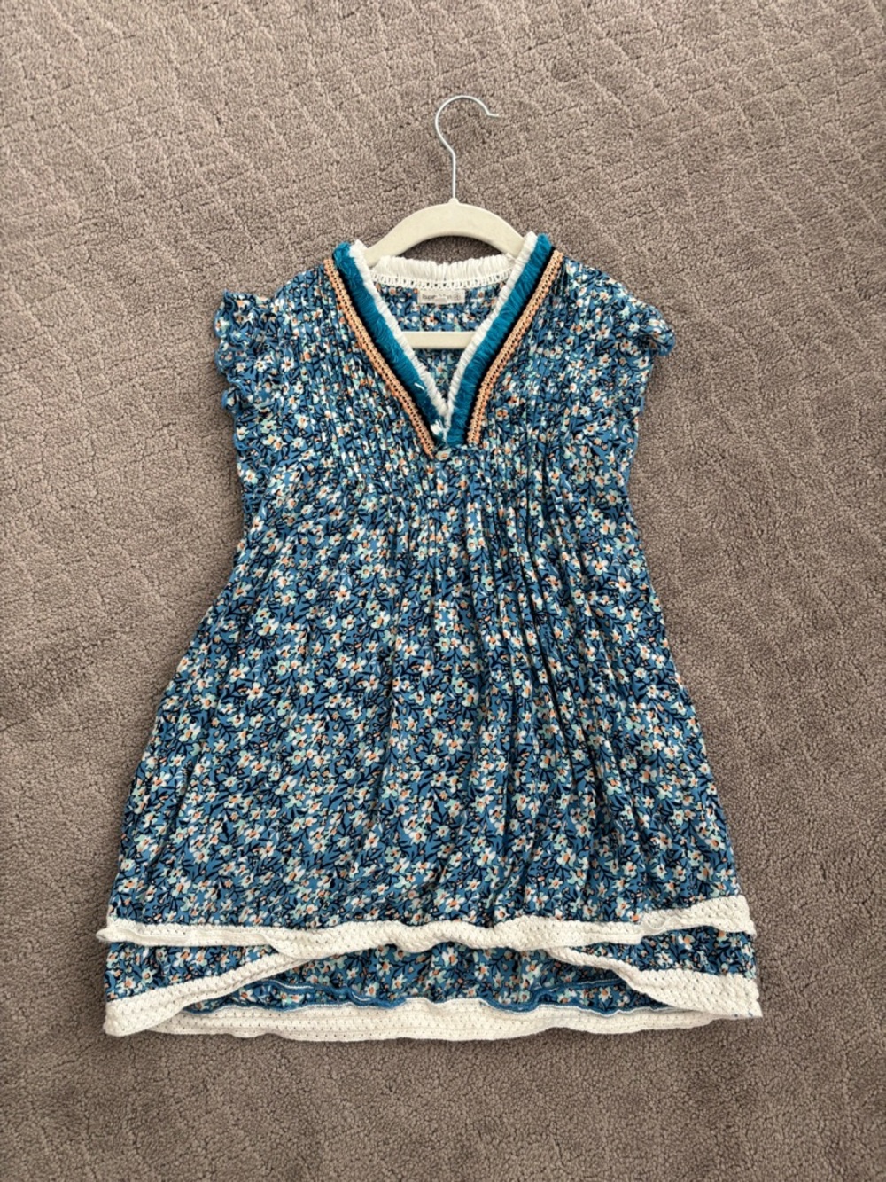 Poupette St. Barth Blue Floral Smocked Girls' coverup Dress with Crochet Trim